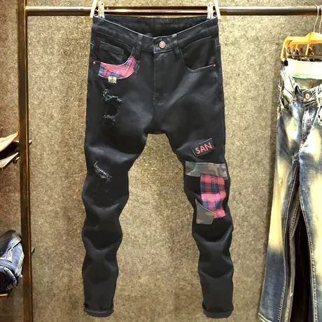 黑色撞色贴布牛仔裤男潮牌破洞修身小脚裤男士春秋款刮烂炸街裤子商品大图