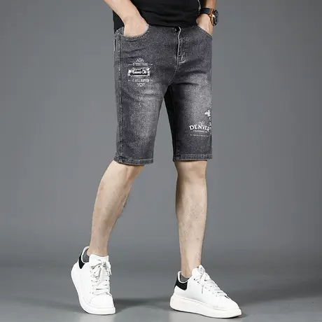 2023新款破洞牛仔短裤男夏季薄款修身五分裤潮流印花男士弹力中裤图片