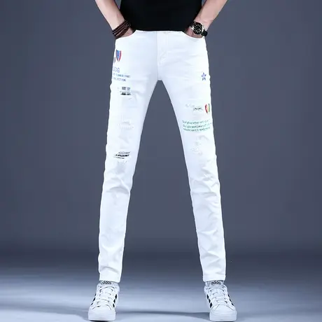 破洞刺绣花白色牛仔裤男裤秋款高档2023爆款夏天裤子修身小脚潮牌图片