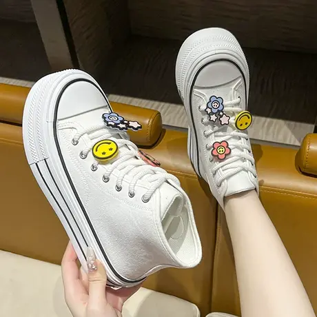 帆布鞋女松糕厚底小个子休闲透气高帮板鞋2023新款夏季运动小白鞋商品大图