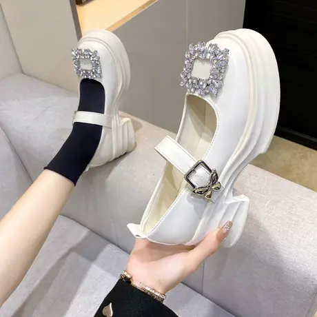 复古单鞋女玛丽珍2023年夏季新款时尚百搭水钻方扣浅口厚底小皮鞋商品大图