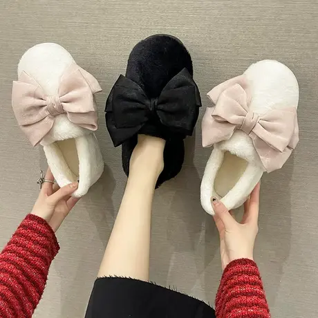 可爱蝴蝶结棉拖鞋女秋冬季全包跟保暖月子鞋居家室内防滑毛绒棉鞋商品大图