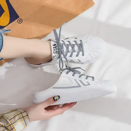 夏季薄款小白鞋女鞋2021新款学生百搭懒人一脚蹬平底半拖帆布鞋子商品大图