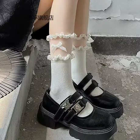 蕾丝花边拼接短袜日系甜美少女洛丽塔奶白色棉质蝴蝶结中筒堆堆袜图片