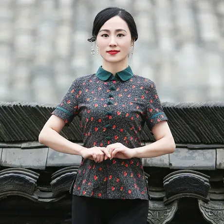 筠雅唐装女中国风旗袍上衣夏季短袖盘扣修身显瘦复古时尚中式女装商品大图