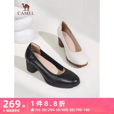 骆驼女鞋2023年秋季新款软底通勤空姐鞋真皮小皮鞋高跟粗跟单鞋女图片