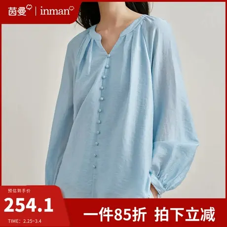 茵曼法式气质v领衬衣女长袖宽松显瘦上衣2024年春季新款小众衬衣图片