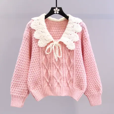 日系温柔风娃娃领毛衣女秋冬2023新款宽松洋气减龄短款针织衫上衣图片