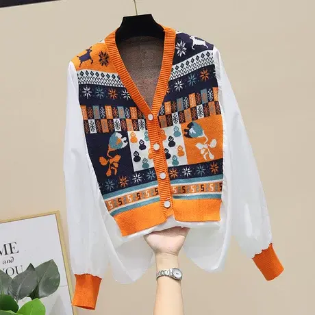 2023早秋新款韩版衬衫设计感小众拼接假两件长袖开衫针织外套女薄商品大图