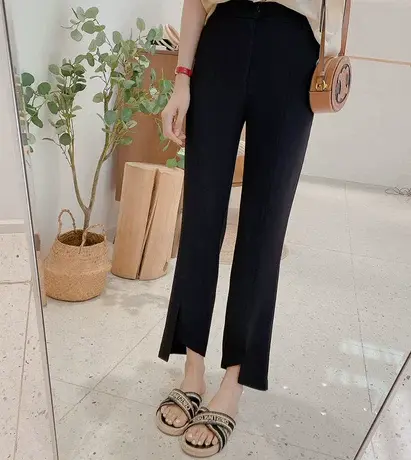 黑色薄款微喇叭裤子女夏季小个子新款显瘦休闲垂坠感开叉春秋女裤图片