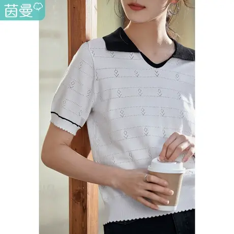茵曼提花短袖针织衫女2023春季新款撞色翻领宽松套头法式时尚上衣图片