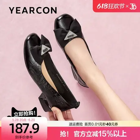 意尔康真皮浅口单鞋2024春秋新款方头蝴蝶结套脚低跟职业通勤女鞋图片