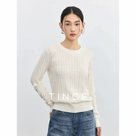 TINGE贴己绞花V领纯色含羊毛针织衫上衣女25年春季新款显瘦毛衣图片