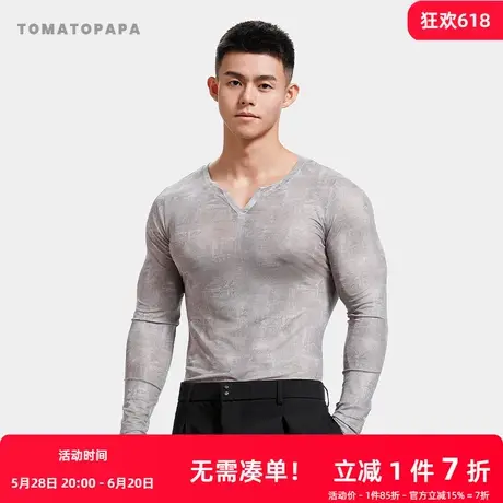 TOMATOPAPA长袖t恤2024秋冬V领运动打底衫体恤运动健身青年男上衣商品大图
