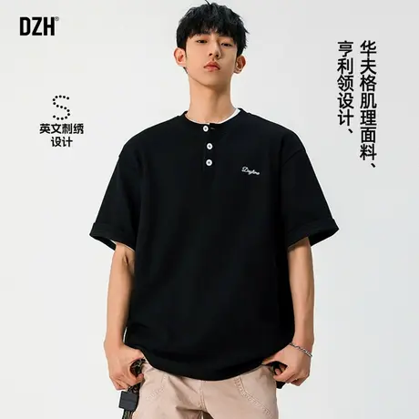 男士黑色亨利领t恤男华夫格短袖美式男装衣服男款刺绣上衣半袖潮商品大图