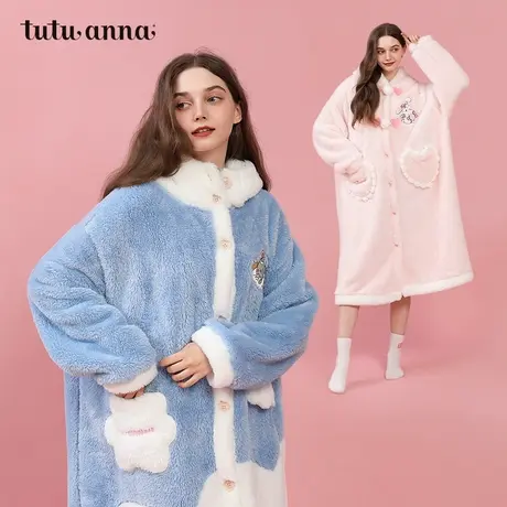tutuanna秋冬珊瑚绒女士睡衣动物刺绣连帽云朵拼接家居服长款睡袍商品大图