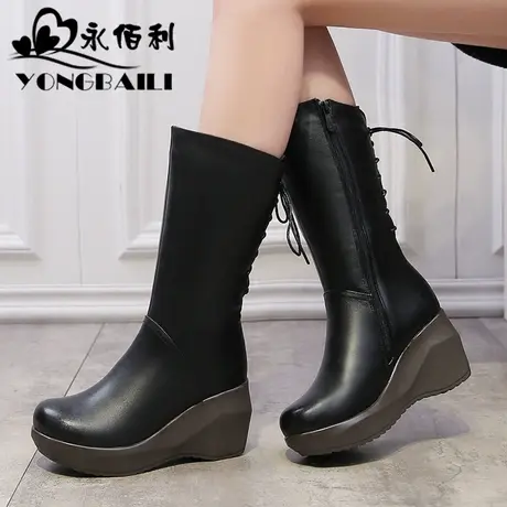加绒棉皮鞋2025秋冬新款高跟牛皮中筒靴女休闲坡跟女靴棉靴女鞋商品大图