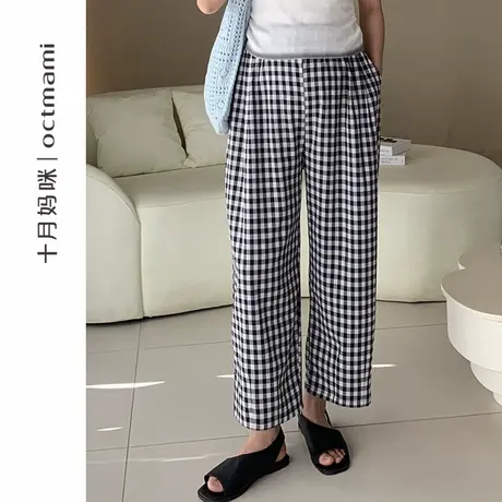 十月妈咪孕妇裤夏季新款薄款宽松格子两侧抽绳不勒肚山本裤子夏装商品大图