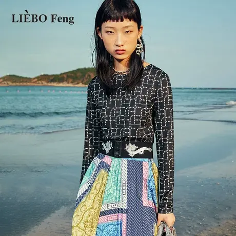 裂帛LIEBOFeng设计师品牌2023年国潮皮肤衣修身印花打底长袖T恤女图片