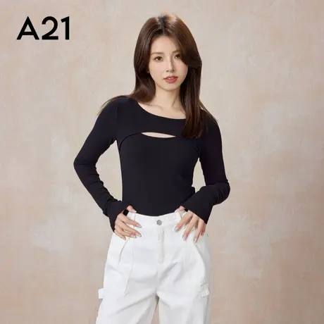 A21女装针织圆领长袖T恤春秋季新款修身显瘦心机镂空内搭打底上衣图片