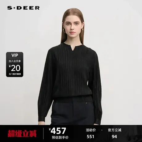 sdeer圣迪奥女装简约文艺圆领风琴褶棉麻上衣S25183202图片