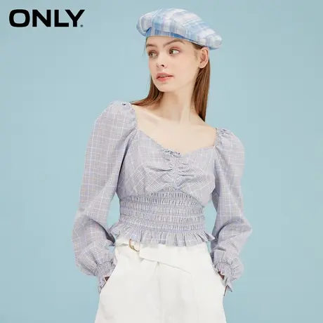 【ONLY奥莱】夏季森女风短款钻石领收腰格子雪纺衫女商品大图