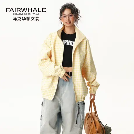 马克华菲格纹翻领工装夹克女2025秋季新款宽松户外潮流两面穿外套商品大图