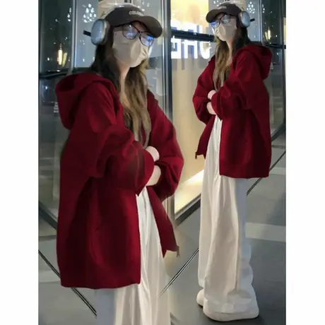酒红色拉链开衫卫衣连帽外套女2025新款休闲宽松慵懒风长袖上衣潮商品大图