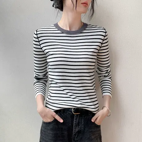 韩版撞色圆领撞色条纹长袖t恤女秋新款修身显瘦正肩西装内搭上衣商品大图