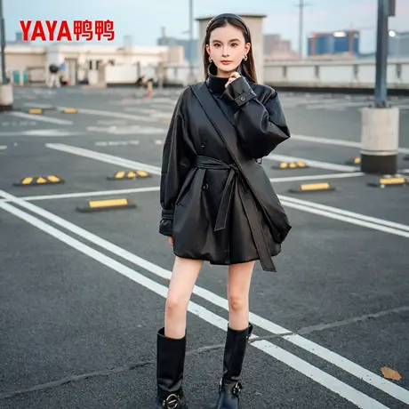 鸭鸭2025秋冬新款皮羽绒时尚甜酷宽松皮衣百搭系带高级感外套女图片