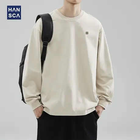 hansca 305g高密精梳棉宽松长袖t恤男秋季圆领刺绣纯棉内搭打底衫商品大图