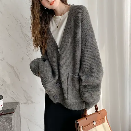 唐狮慵懒风简约V领开衫外套女2024新款秋季宽松灰色日系毛衣qd商品大图