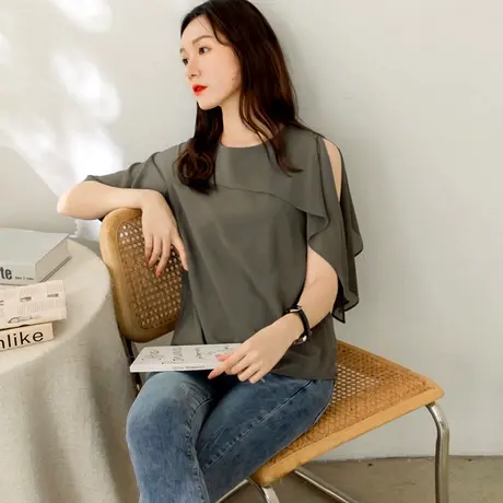 桔熊夏季浪漫性感雪纺衫不对称飘逸开衩五分袖上衣女大码AB16011商品大图