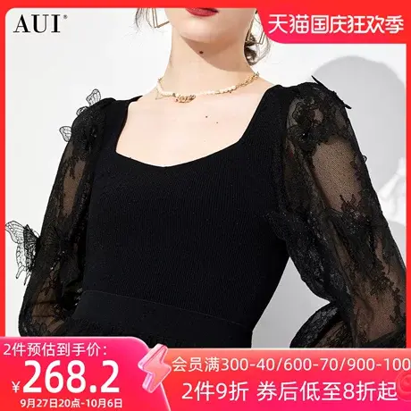AUI黑色名媛拼接蕾丝毛衣女2023新款秋季气质方领小众泡泡袖上衣图片