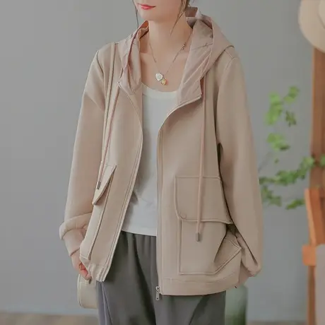 dza 复古短款宽松连帽休闲外套女士秋冬新款口袋显瘦上衣长袖外套图片