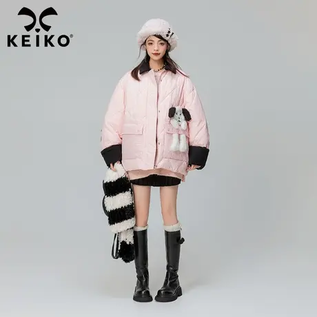 KEIKO 菱格绗缝粉色棉服2023冬季新款设计感复古拼色夹棉棉衣外套商品大图