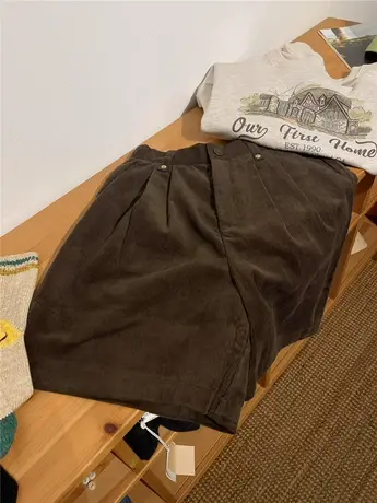 高腰半松紧腰复古灯芯绒靴裤宽松A字阔腿休闲中裤五分短裤女秋款商品大图