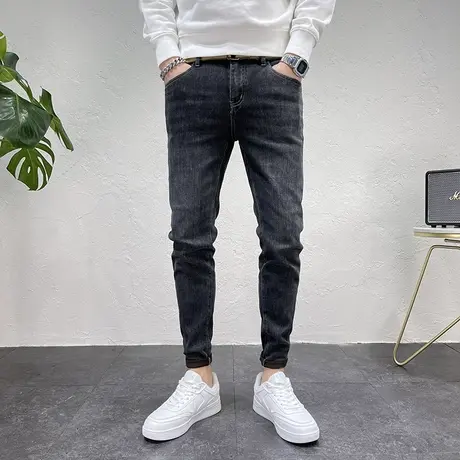 新款潮流休闲男士牛仔裤口袋刺绣黑灰色修身小脚简约男生牛仔长裤商品大图