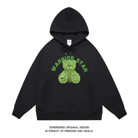 美式休闲复古潮流绿色小熊印花卫衣男连帽秋冬款宽松上衣情侣装商品大图