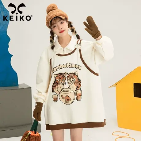 复古印花假两件式加绒卫衣女中长款秋季奶系减龄oversize外套上衣商品大图