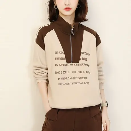 新品8.5折】美式字母印花立领加绒女士卫衣宽松撞色上衣商品大图