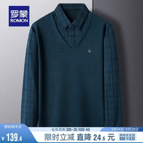 罗蒙男士时尚休闲假两件针织衫2023秋季新款格子百搭修身打底毛衣商品大图