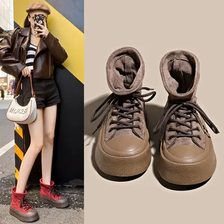 美式复古绒面短靴子女2023新款秋冬爆款马丁靴厚底休闲高帮帆布鞋商品大图
