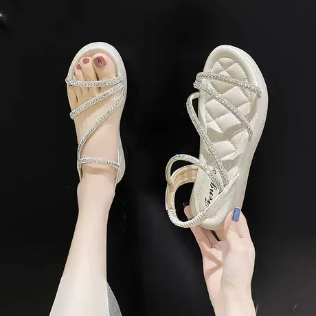 新款韩版水钻凉鞋女2023夏季学生网红坡跟百搭仙女风罗马鞋子商品大图