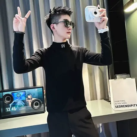 半高领毛衣男秋冬季轻熟纯色简约修身内搭针织衫ins潮牌线衣体恤商品大图