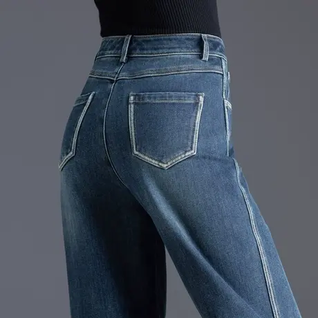 直筒牛仔裤女高腰冬季2023新款爆款加绒加厚裤子小个子窄版阔腿裤图片