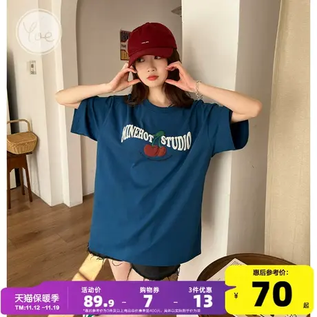 yoe小众潮牌蓝色樱桃下衣失踪oversize女装美式纯棉短袖t恤女上衣商品大图