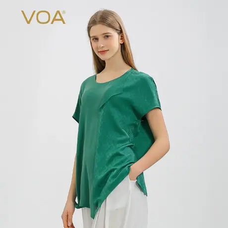 VOA30姆米重磅桑蚕丝云杉绿圆领蝙蝠袖拼接提花对丝工艺真丝T恤女图片