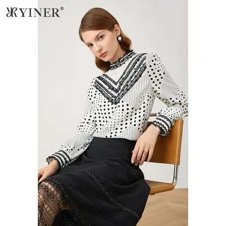 *YINER音儿奥莱女装秋季半高领长袖波点休闲衬衫商品大图