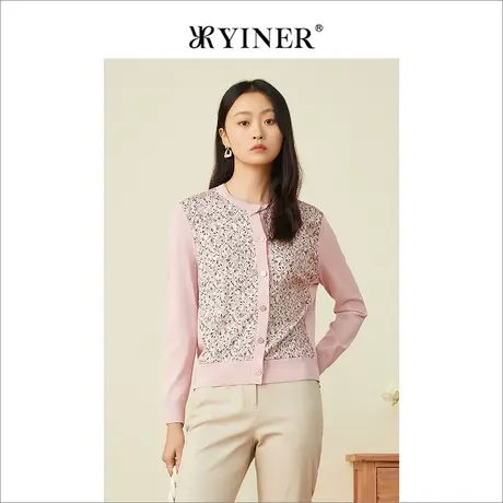 YINER音儿女装春季时尚拼接印花蚕丝针织开衫商品大图